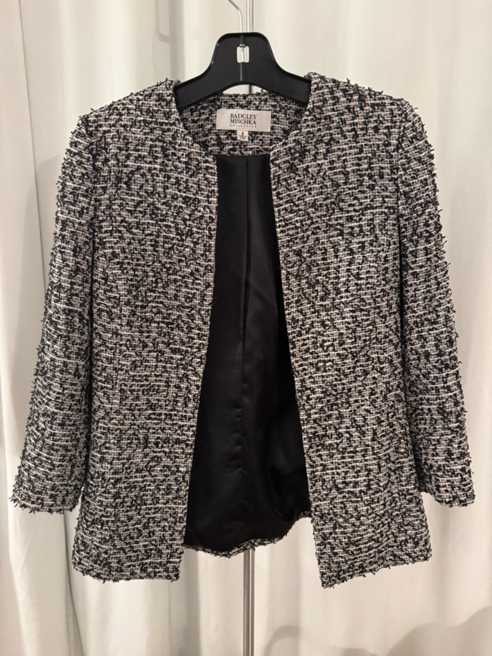 Badgley Mischka Black and White Tweed Open-Front Blazer